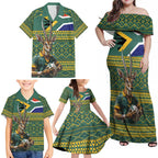 Custom South Africa Rugby Bokke Mascot Family Matching Off Shoulder Maxi Dress and Hawaiian Shirt With Flag Style