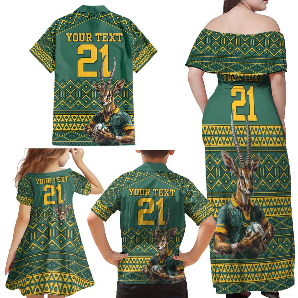 Custom South Africa Rugby Bokke Mascot Family Matching Off Shoulder Maxi Dress and Hawaiian Shirt With Flag Style