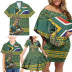 Custom South Africa Rugby Bokke Mascot Family Matching Off Shoulder Short Dress and Hawaiian Shirt With Flag Style
