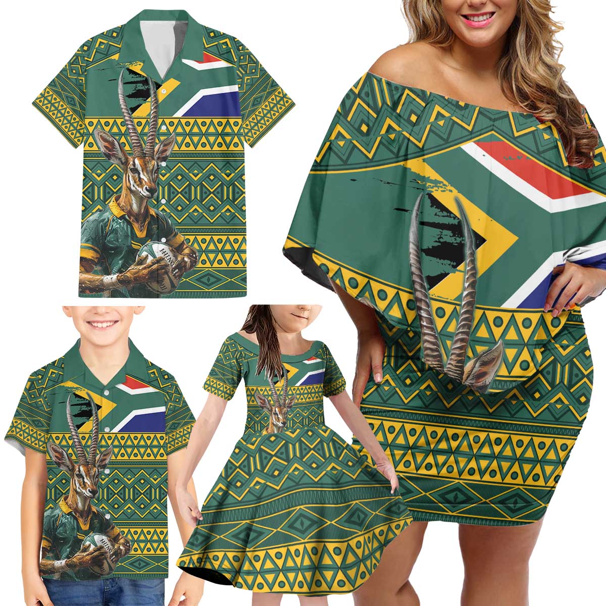 Custom South Africa Rugby Bokke Mascot Family Matching Off Shoulder Short Dress and Hawaiian Shirt With Flag Style