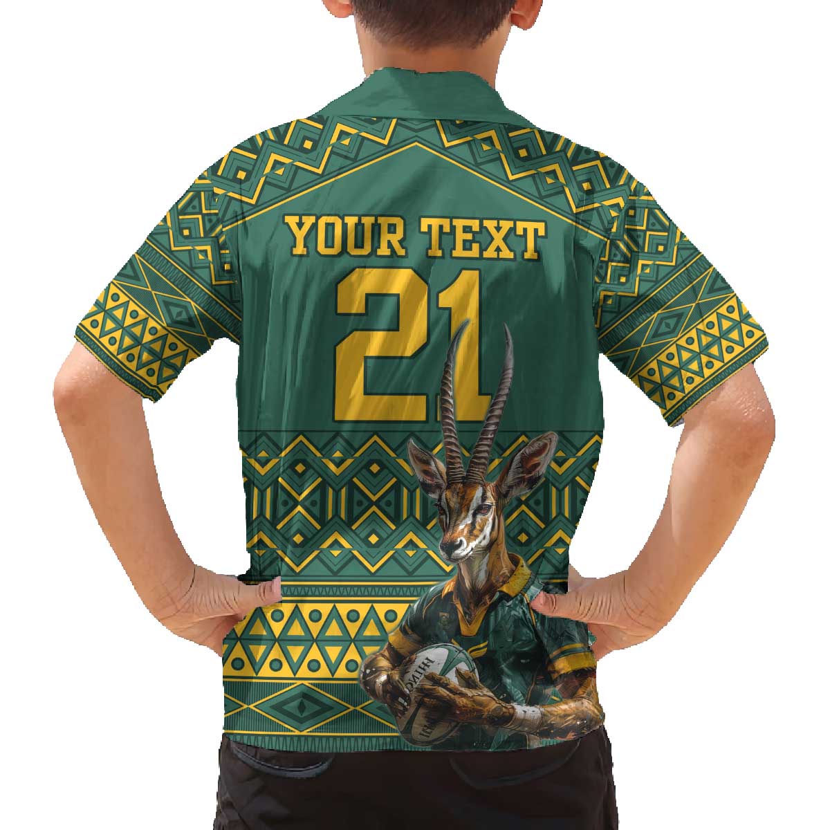 Custom South Africa Rugby Bokke Mascot Family Matching Off Shoulder Short Dress and Hawaiian Shirt With Flag Style