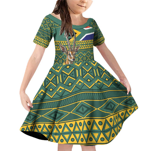Custom South Africa Rugby Bokke Mascot Family Matching Off Shoulder Short Dress and Hawaiian Shirt With Flag Style