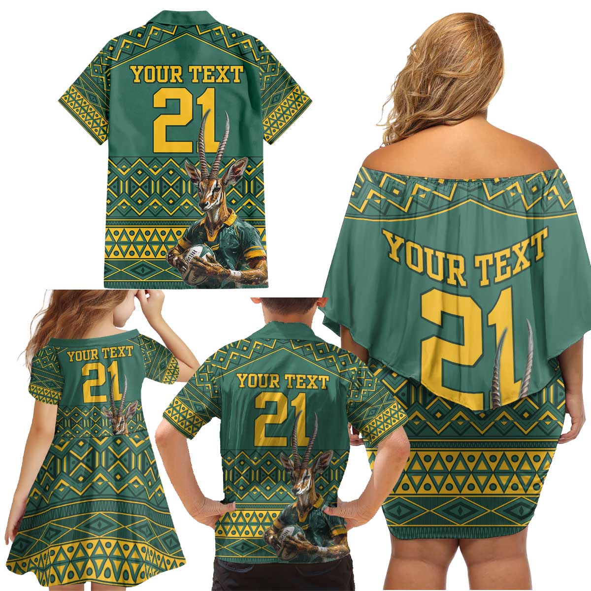 Custom South Africa Rugby Bokke Mascot Family Matching Off Shoulder Short Dress and Hawaiian Shirt With Flag Style