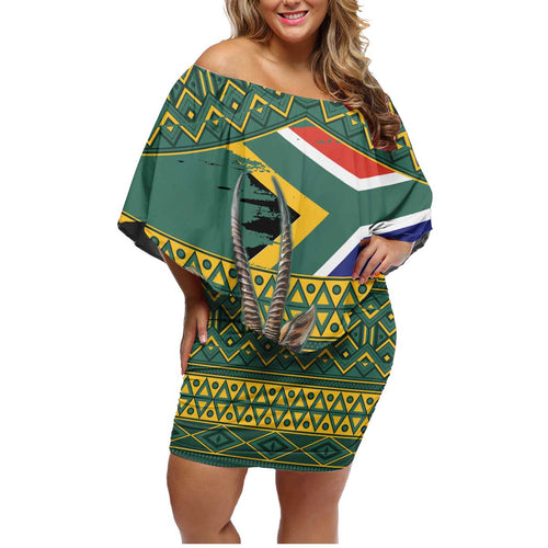 Custom South Africa Rugby Bokke Mascot Family Matching Off Shoulder Short Dress and Hawaiian Shirt With Flag Style