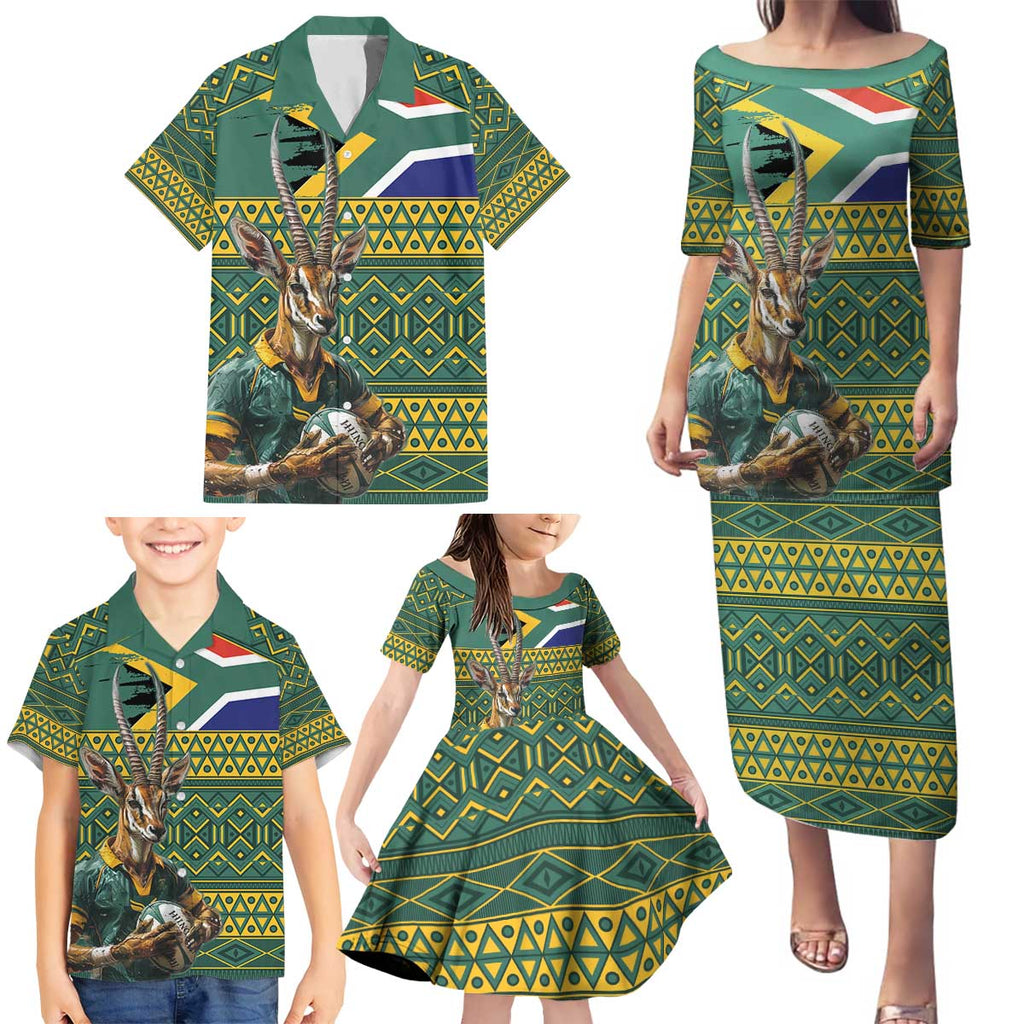 Custom South Africa Rugby Bokke Mascot Family Matching Puletasi and Hawaiian Shirt With Flag Style