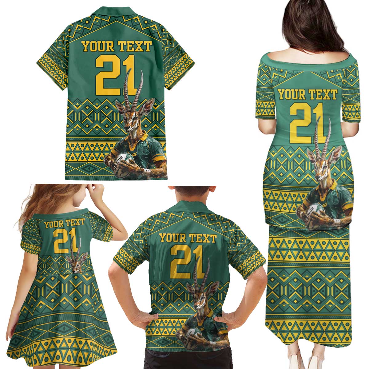 Custom South Africa Rugby Bokke Mascot Family Matching Puletasi and Hawaiian Shirt With Flag Style