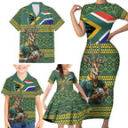 Custom South Africa Rugby Bokke Mascot Family Matching Short Sleeve Bodycon Dress and Hawaiian Shirt With Flag Style