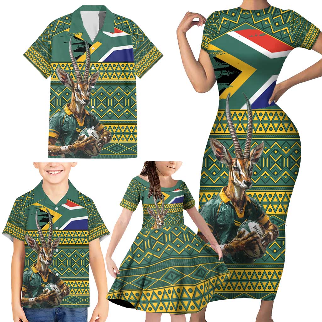 Custom South Africa Rugby Bokke Mascot Family Matching Short Sleeve Bodycon Dress and Hawaiian Shirt With Flag Style