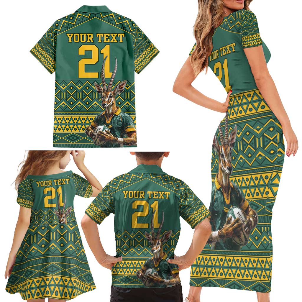 Custom South Africa Rugby Bokke Mascot Family Matching Short Sleeve Bodycon Dress and Hawaiian Shirt With Flag Style