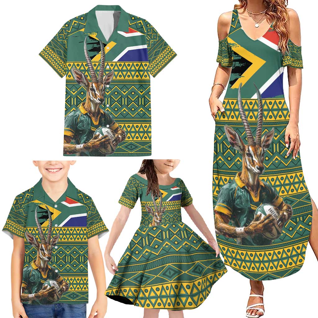 Custom South Africa Rugby Bokke Mascot Family Matching Summer Maxi Dress and Hawaiian Shirt With Flag Style