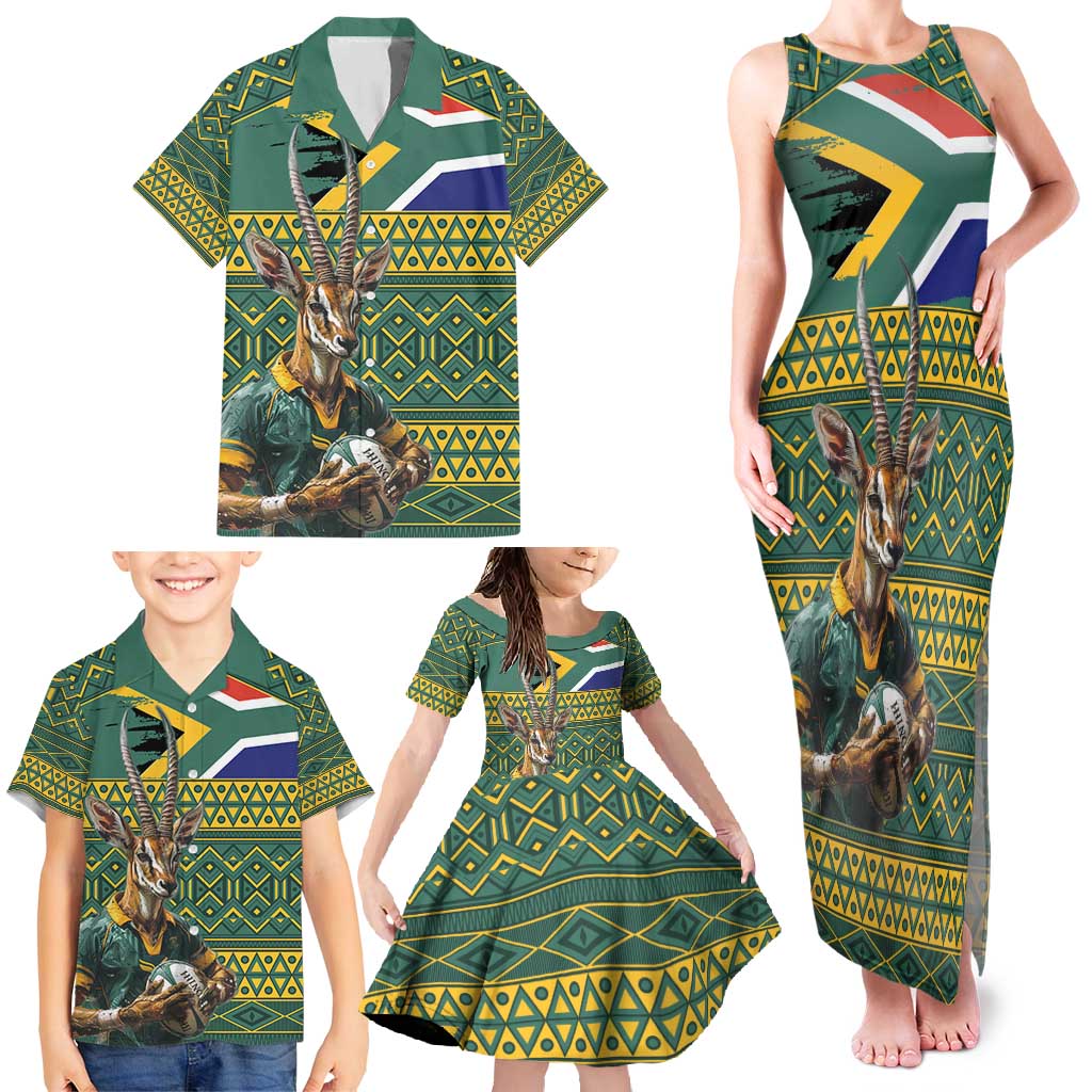 Custom South Africa Rugby Bokke Mascot Family Matching Tank Maxi Dress and Hawaiian Shirt With Flag Style