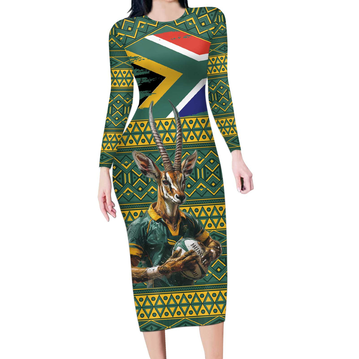 Custom South Africa Rugby Bokke Mascot Long Sleeve Bodycon Dress With Flag Style
