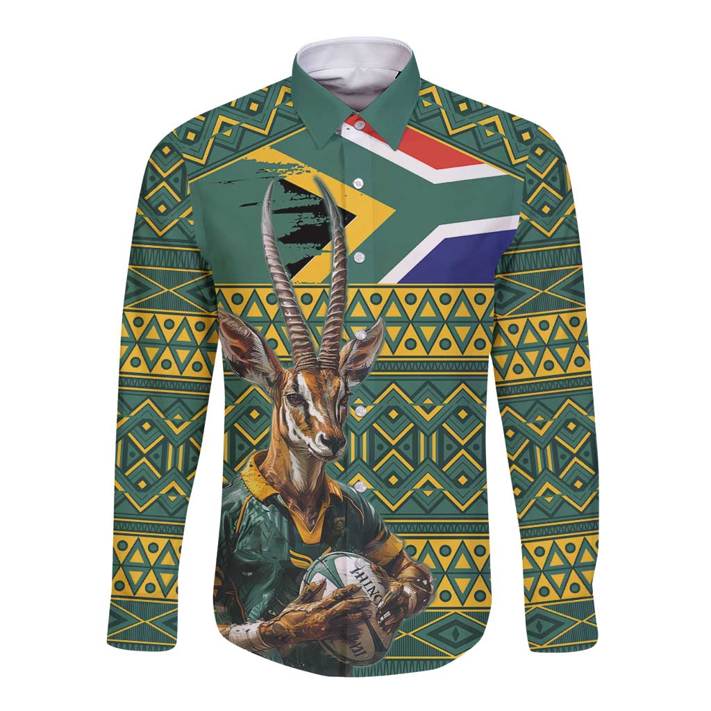 Custom South Africa Rugby Bokke Mascot Long Sleeve Button Shirt With Flag Style