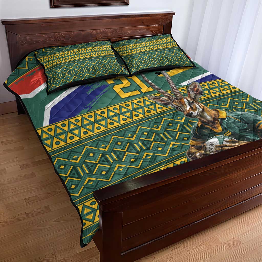 Custom South Africa Rugby Bokke Mascot Quilt Bed Set With Flag Style