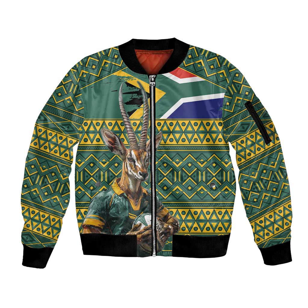 Custom South Africa Rugby Bokke Mascot Sleeve Zip Bomber Jacket With Flag Style