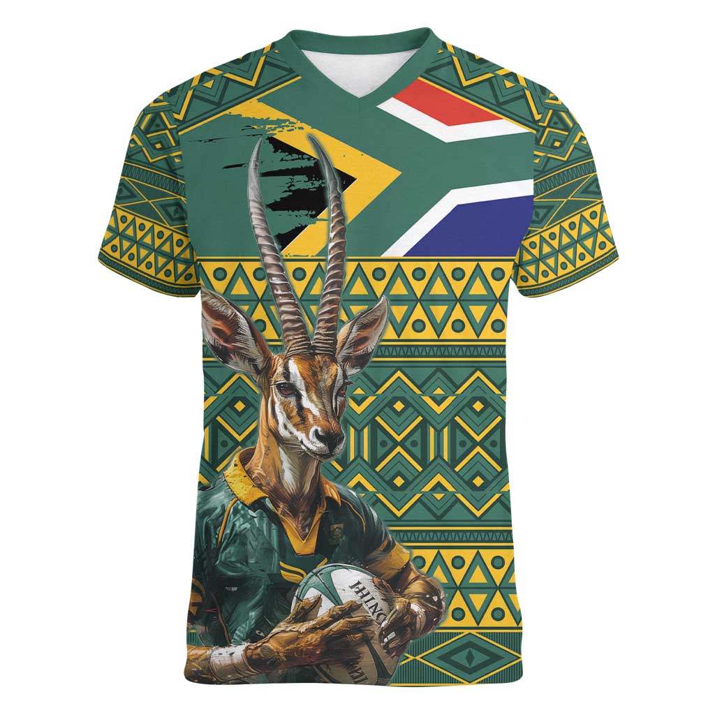 Custom South Africa Rugby Bokke Mascot Women V-Neck T-Shirt With Flag Style