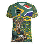 Custom South Africa Rugby Bokke Mascot Women V-Neck T-Shirt With Flag Style