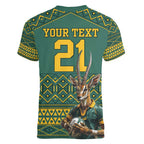 Custom South Africa Rugby Bokke Mascot Women V-Neck T-Shirt With Flag Style