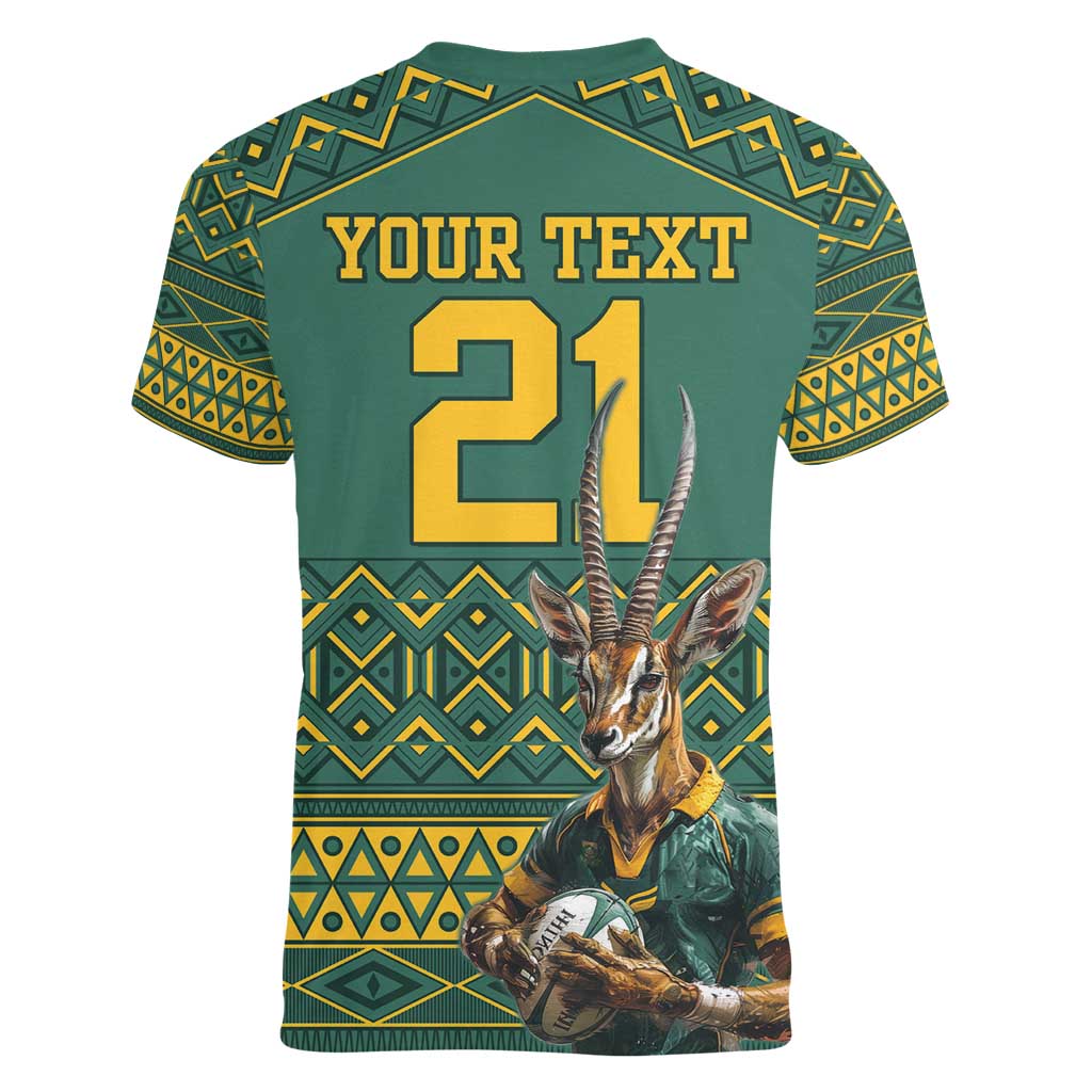 Custom South Africa Rugby Bokke Mascot Women V-Neck T-Shirt With Flag Style