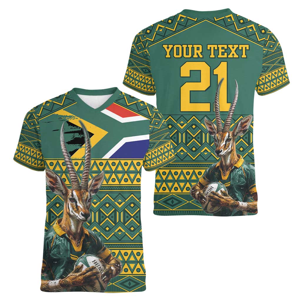 Custom South Africa Rugby Bokke Mascot Women V-Neck T-Shirt With Flag Style