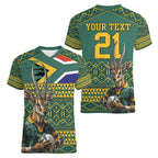 Custom South Africa Rugby Bokke Mascot Women V-Neck T-Shirt With Flag Style