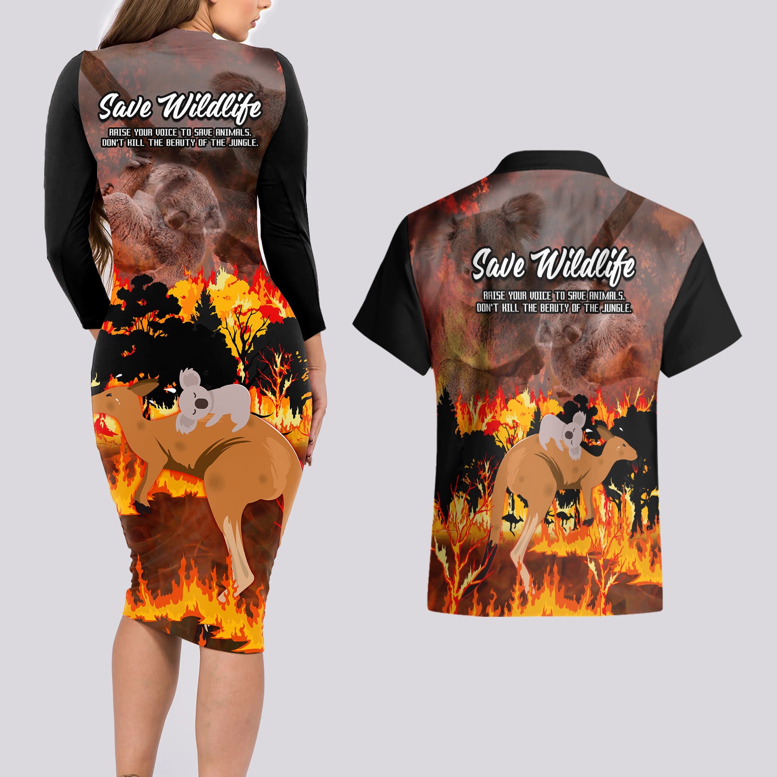 save-wildlife-australia-couples-matching-long-sleeve-bodycon-dress-and-hawaiian-shirt-bushfire-awareness