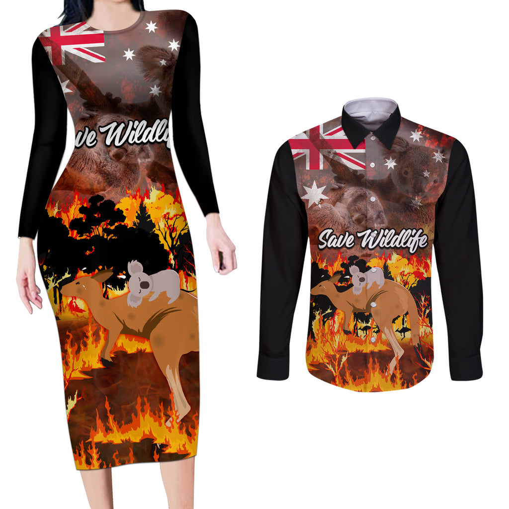 save-wildlife-australia-couples-matching-long-sleeve-bodycon-dress-and-long-sleeve-button-shirt-bushfire-awareness