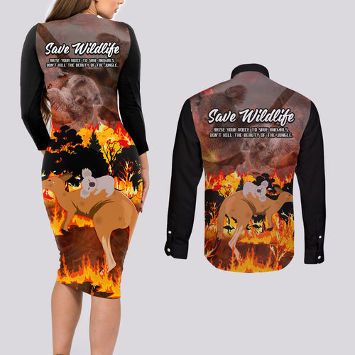 save-wildlife-australia-couples-matching-long-sleeve-bodycon-dress-and-long-sleeve-button-shirt-bushfire-awareness