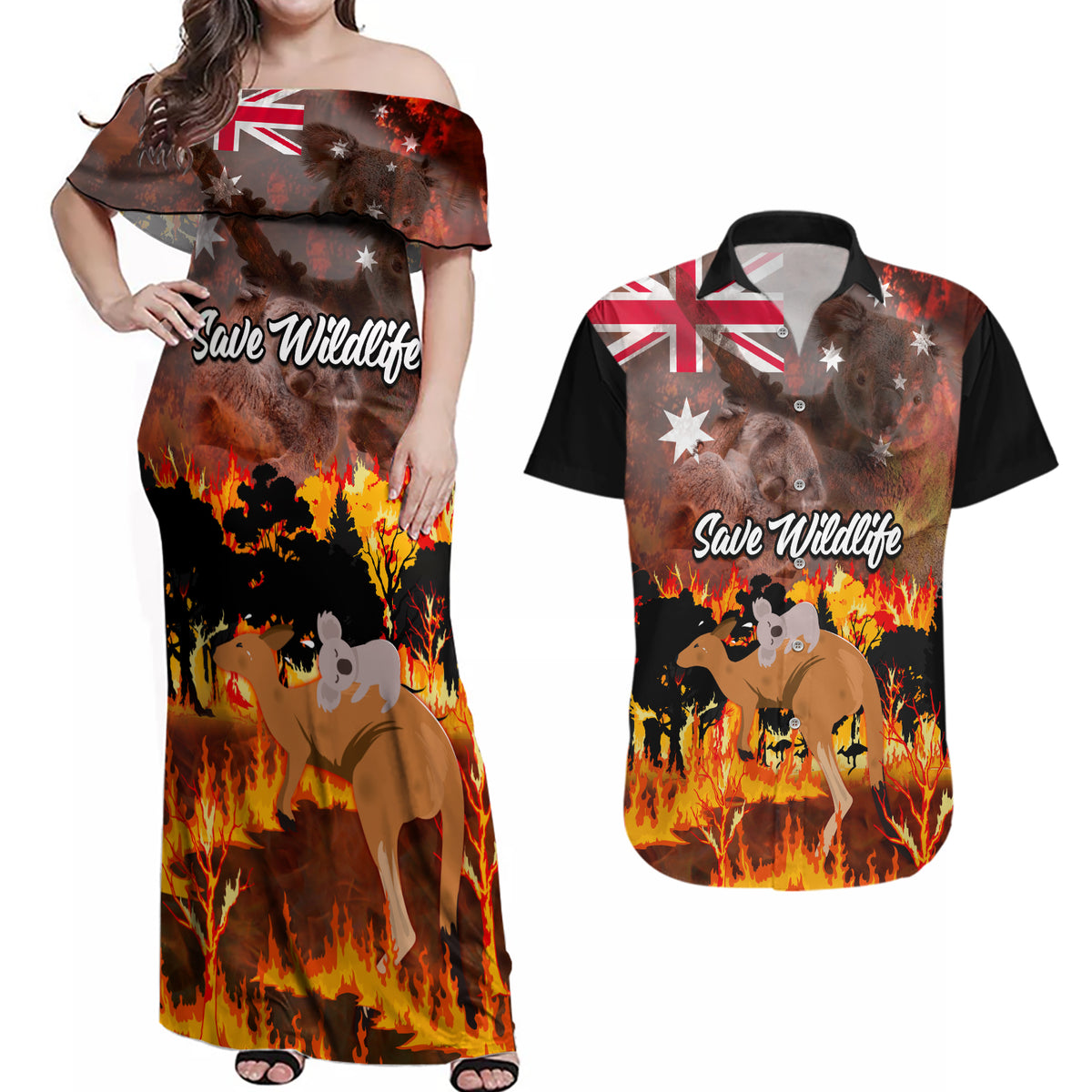 save-wildlife-australia-couples-matching-off-shoulder-maxi-dress-and-hawaiian-shirt-bushfire-awareness