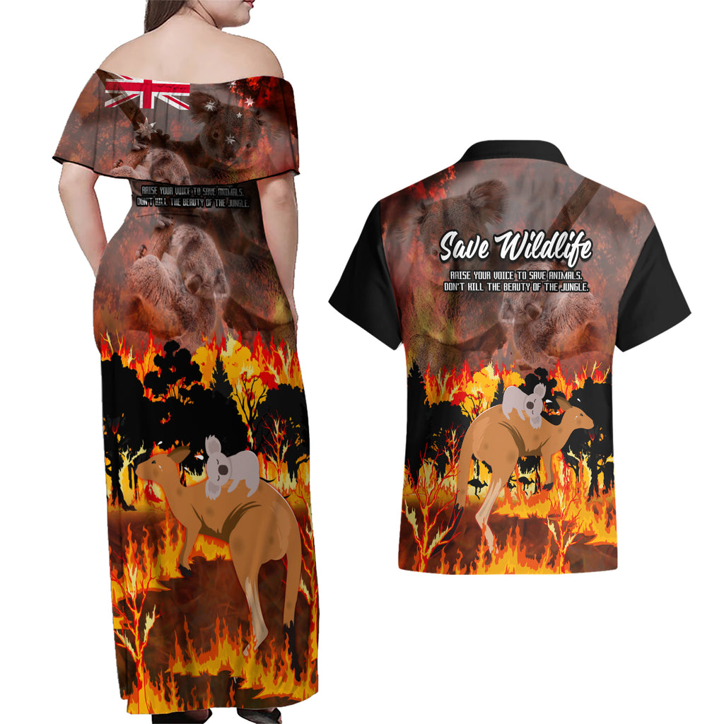 save-wildlife-australia-couples-matching-off-shoulder-maxi-dress-and-hawaiian-shirt-bushfire-awareness