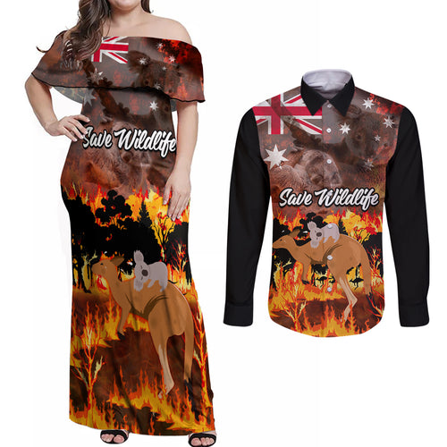 save-wildlife-australia-couples-matching-off-shoulder-maxi-dress-and-long-sleeve-button-shirt-bushfire-awareness