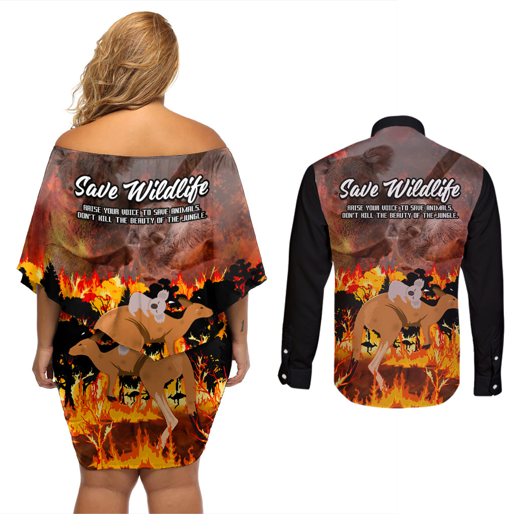 save-wildlife-australia-couples-matching-off-shoulder-short-dress-and-long-sleeve-button-shirt-bushfire-awareness