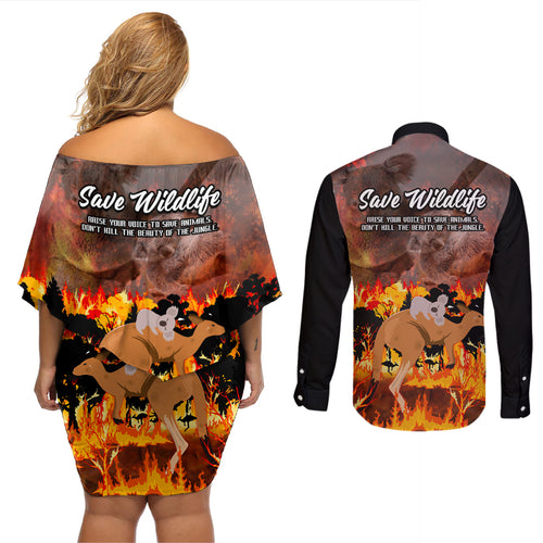 save-wildlife-australia-couples-matching-off-shoulder-short-dress-and-long-sleeve-button-shirt-bushfire-awareness
