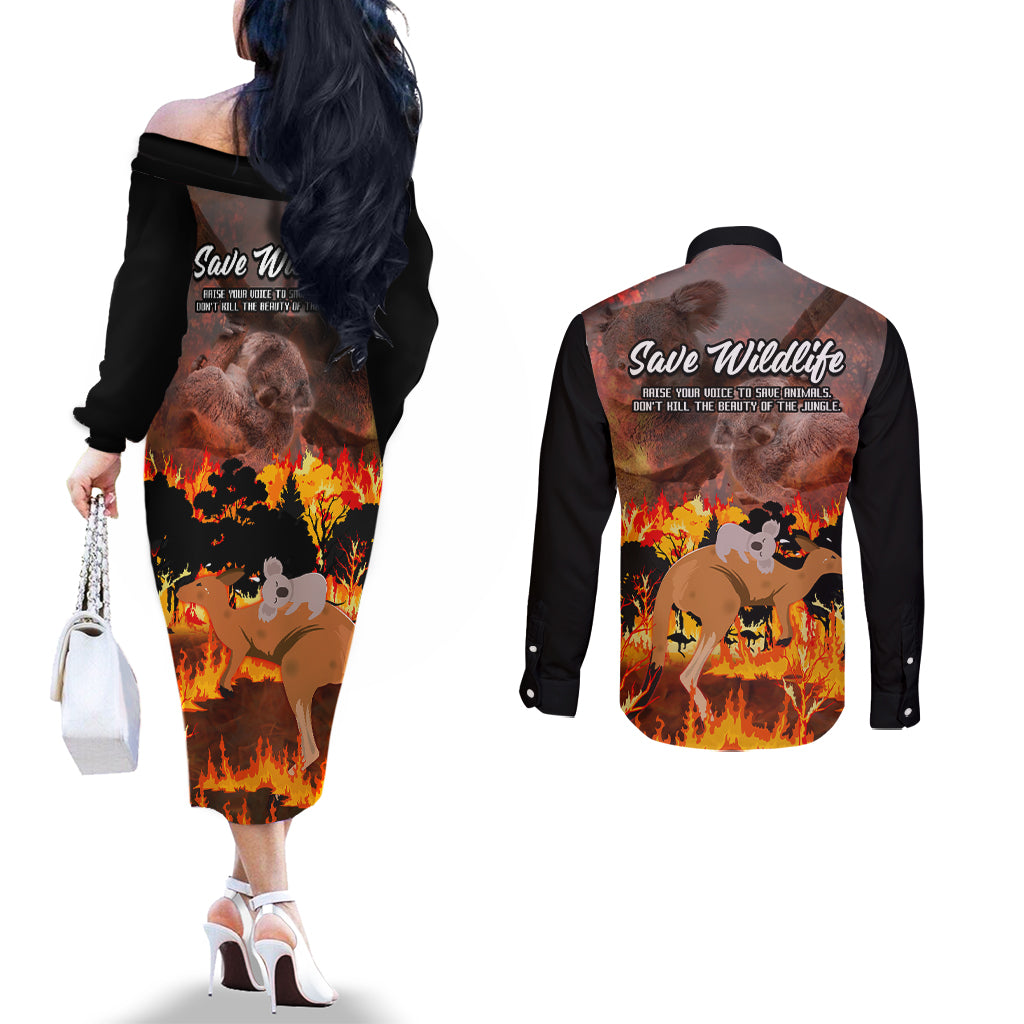 save-wildlife-australia-couples-matching-off-the-shoulder-long-sleeve-dress-and-long-sleeve-button-shirt-bushfire-awareness