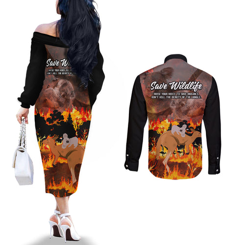 save-wildlife-australia-couples-matching-off-the-shoulder-long-sleeve-dress-and-long-sleeve-button-shirt-bushfire-awareness