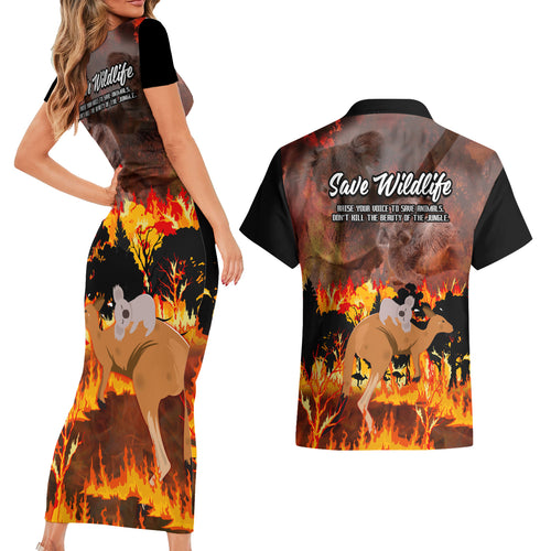 save-wildlife-australia-couples-matching-short-sleeve-bodycon-dress-and-hawaiian-shirt-bushfire-awareness