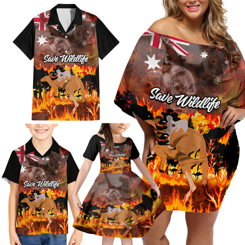 save-wildlife-australia-family-matching-off-shoulder-short-dress-and-hawaiian-shirt-bushfire-awareness