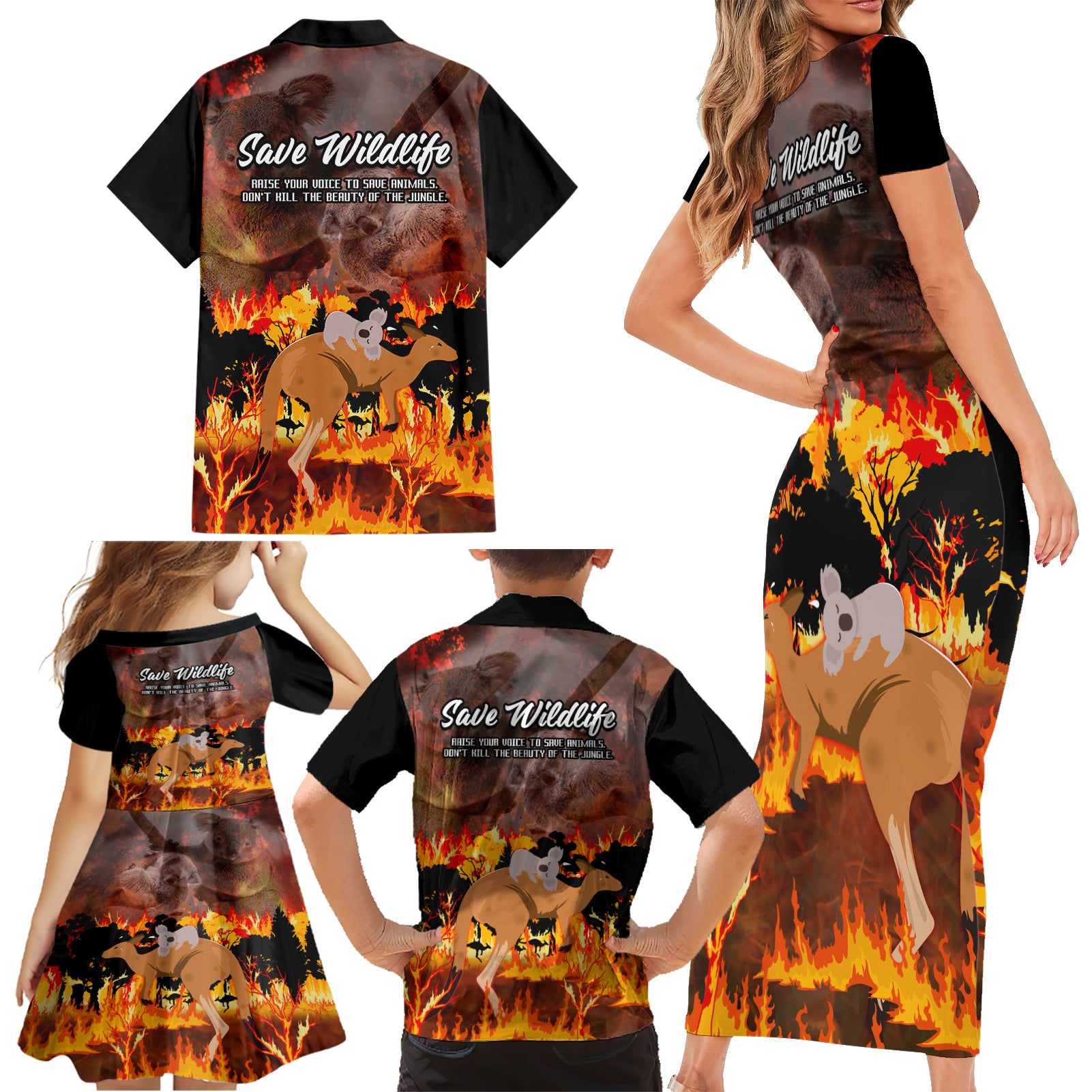 save-wildlife-australia-family-matching-short-sleeve-bodycon-dress-and-hawaiian-shirt-bushfire-awareness