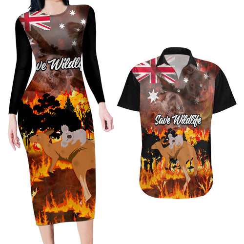 personalised-save-wildlife-australia-couples-matching-long-sleeve-bodycon-dress-and-hawaiian-shirt-bushfire-awareness