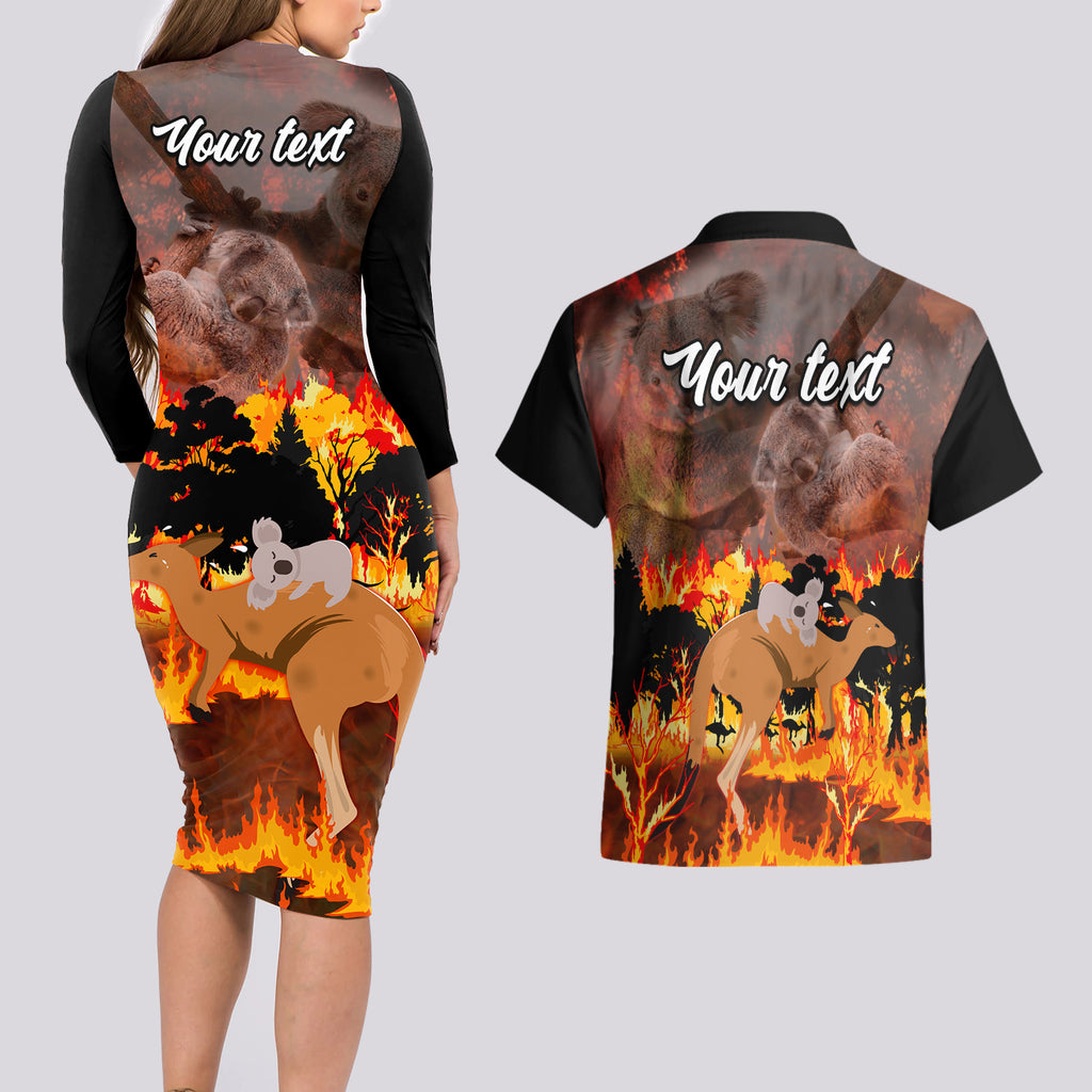 personalised-save-wildlife-australia-couples-matching-long-sleeve-bodycon-dress-and-hawaiian-shirt-bushfire-awareness