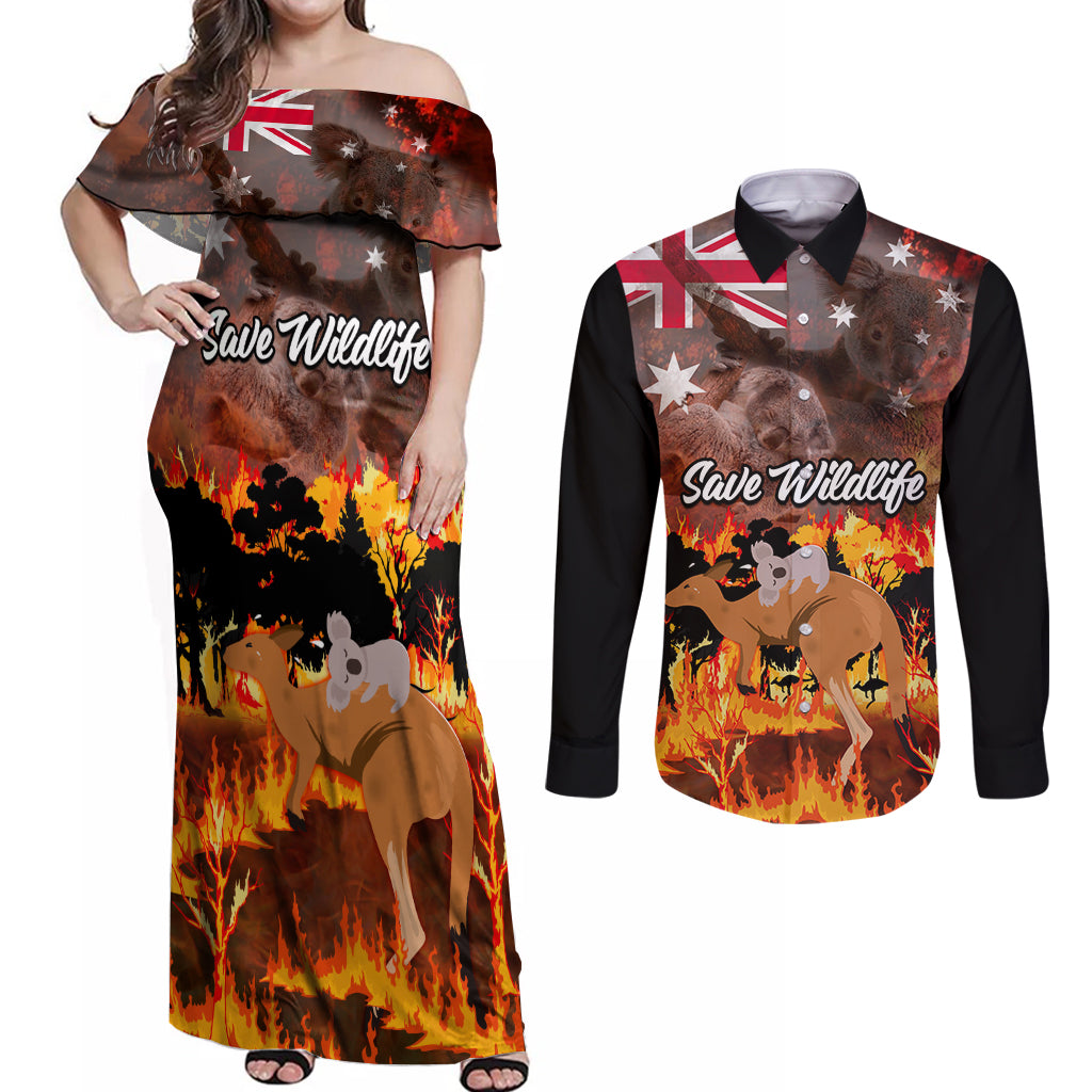 personalised-save-wildlife-australia-couples-matching-off-shoulder-maxi-dress-and-long-sleeve-button-shirt-bushfire-awareness