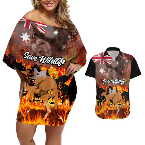 personalised-save-wildlife-australia-couples-matching-off-shoulder-short-dress-and-hawaiian-shirt-bushfire-awareness