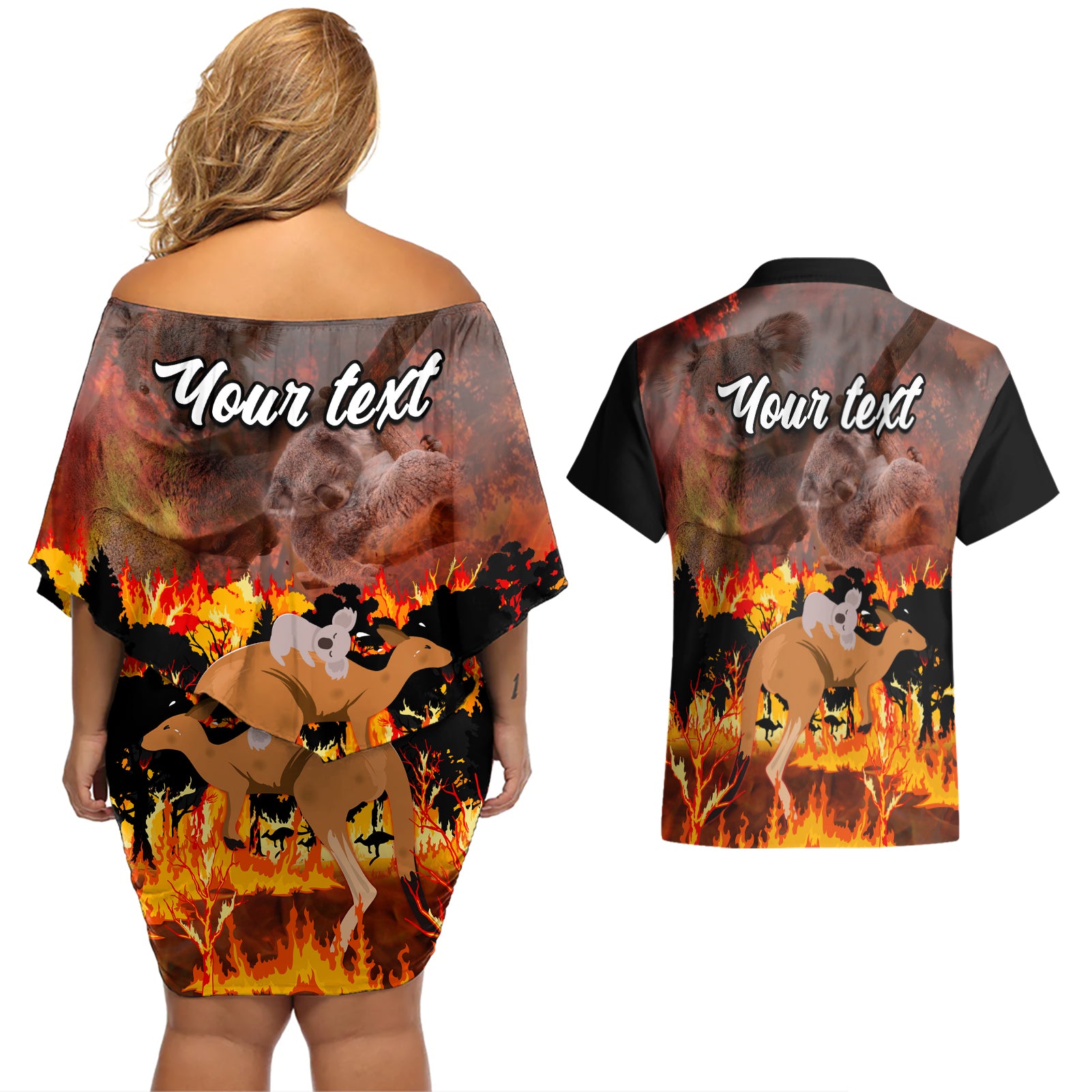 personalised-save-wildlife-australia-couples-matching-off-shoulder-short-dress-and-hawaiian-shirt-bushfire-awareness
