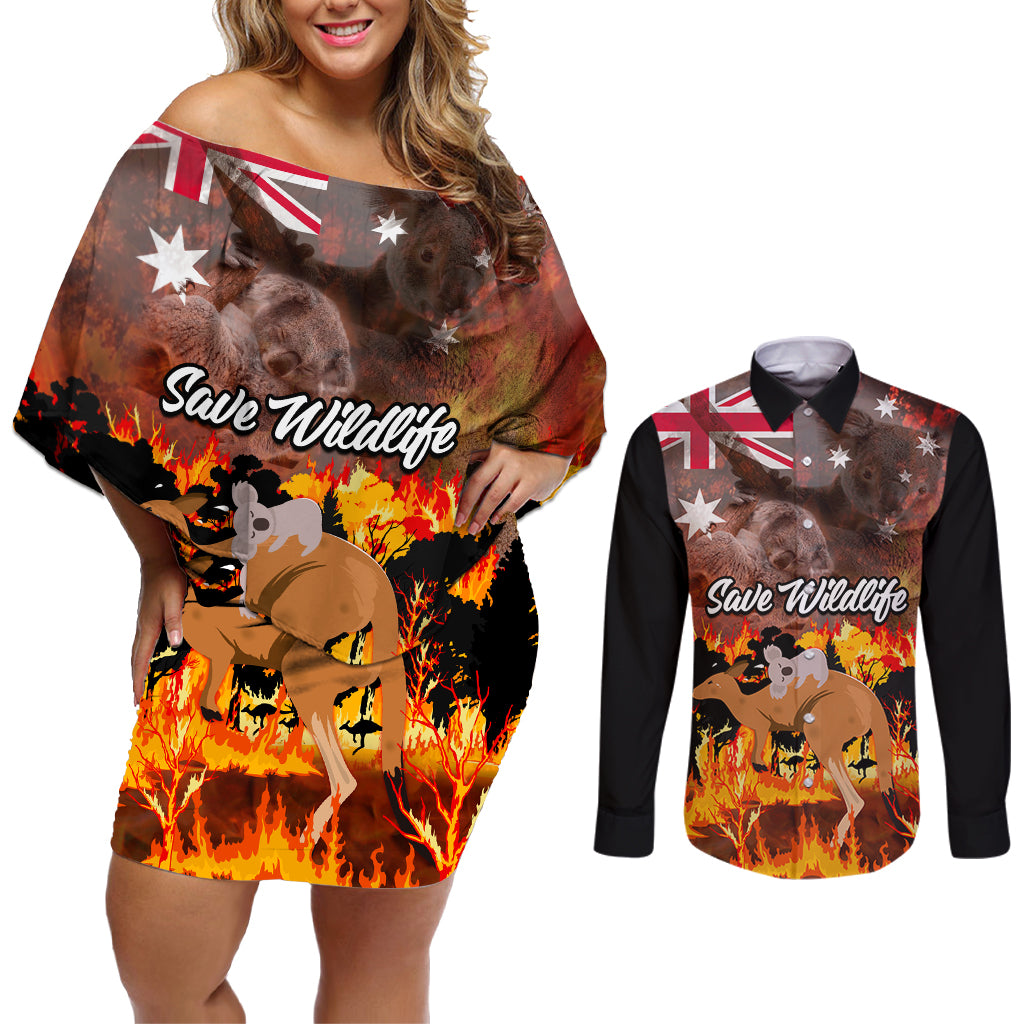 personalised-save-wildlife-australia-couples-matching-off-shoulder-short-dress-and-long-sleeve-button-shirt-bushfire-awareness