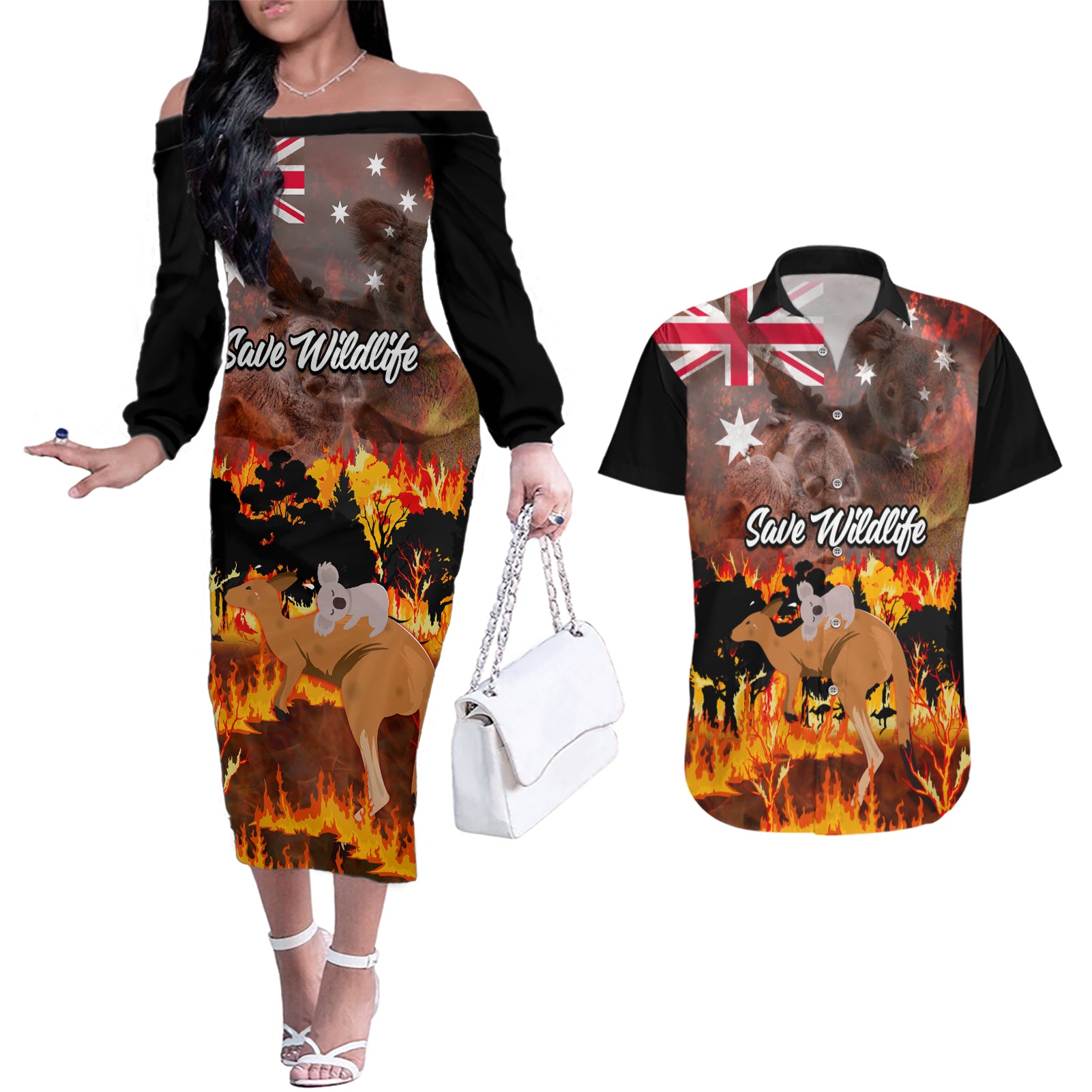 personalised-save-wildlife-australia-couples-matching-off-the-shoulder-long-sleeve-dress-and-hawaiian-shirt-bushfire-awareness
