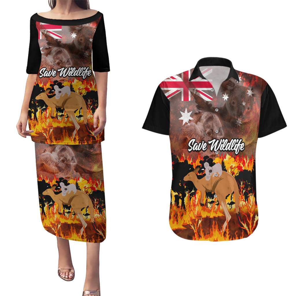 personalised-save-wildlife-australia-couples-matching-puletasi-dress-and-hawaiian-shirt-bushfire-awareness
