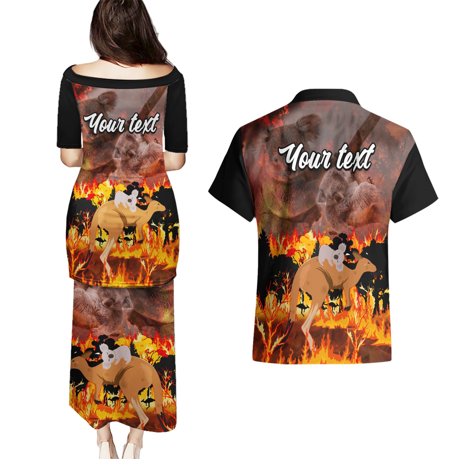 personalised-save-wildlife-australia-couples-matching-puletasi-dress-and-hawaiian-shirt-bushfire-awareness