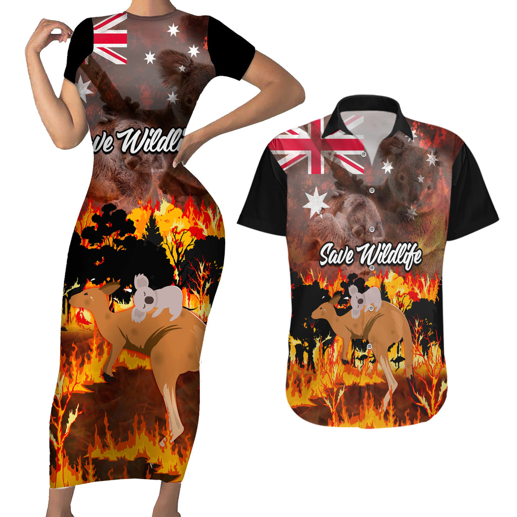 personalised-save-wildlife-australia-couples-matching-short-sleeve-bodycon-dress-and-hawaiian-shirt-bushfire-awareness