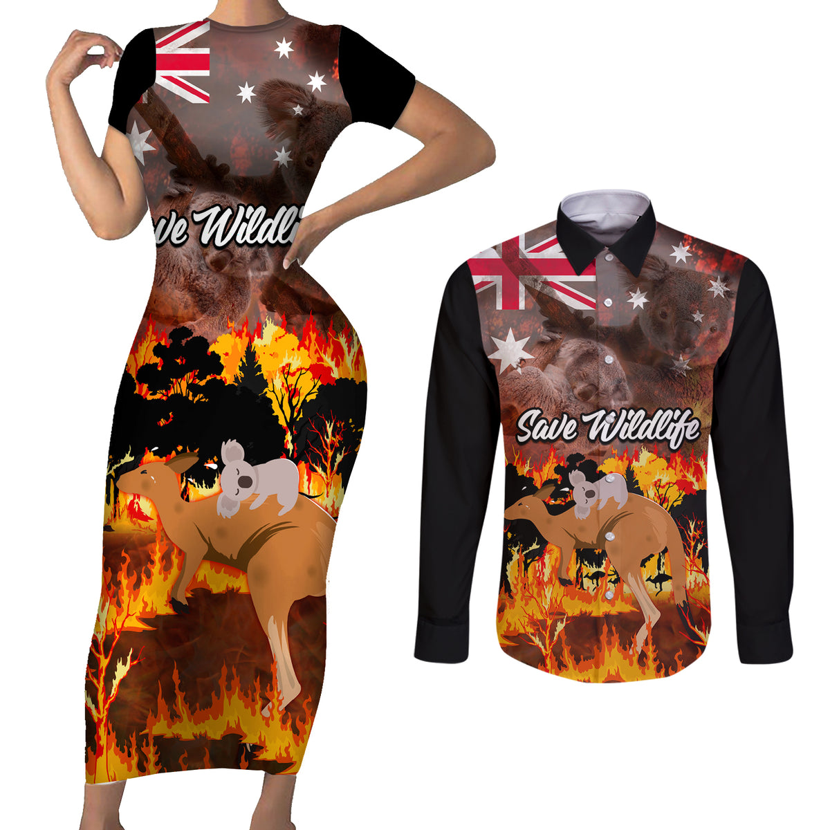 personalised-save-wildlife-australia-couples-matching-short-sleeve-bodycon-dress-and-long-sleeve-button-shirt-bushfire-awareness
