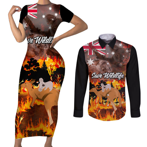 personalised-save-wildlife-australia-couples-matching-short-sleeve-bodycon-dress-and-long-sleeve-button-shirt-bushfire-awareness
